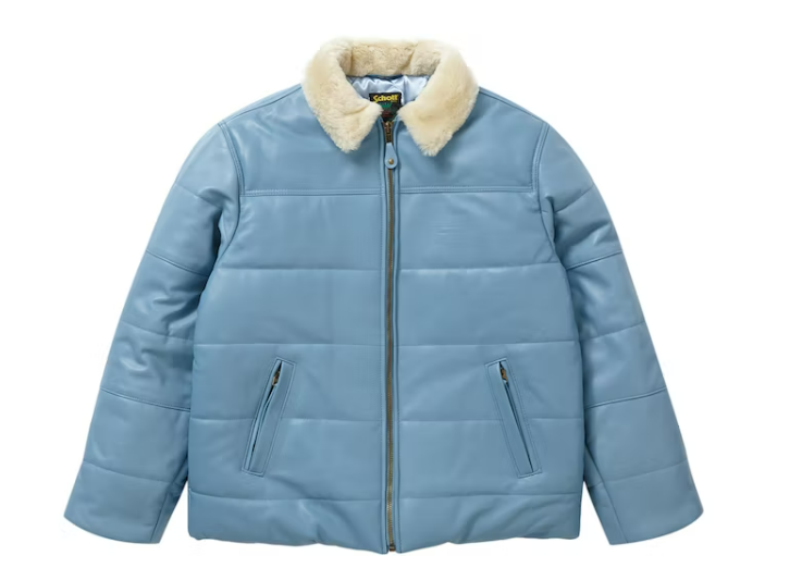 Svp*me Schott Shearling Collar Leather Puffy Jacket Light Blue