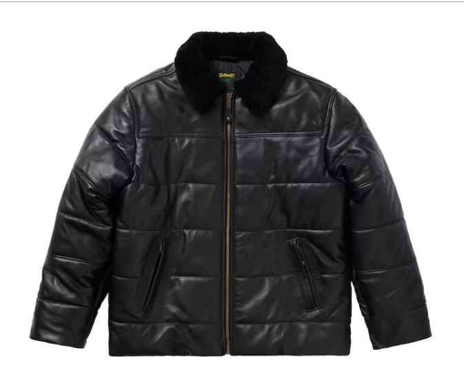 Svp*me Schott Shearling Collar Leather Puffy Jacket Black