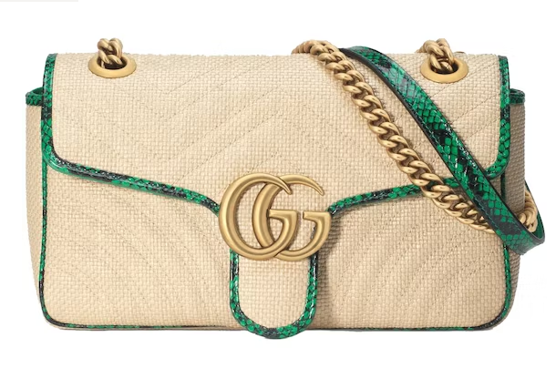 Gvc*1 GG Marmont Shoulder Bag Raffia Small Beige/Green