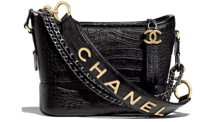 Ch**el Gabrielle Hobo Bag Crocodile Embossed Calfskin Gold/Silver-tone Small Black
