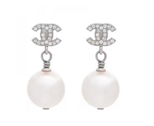 Ch**el CC Drop Earrings Crystal Pearl Silver