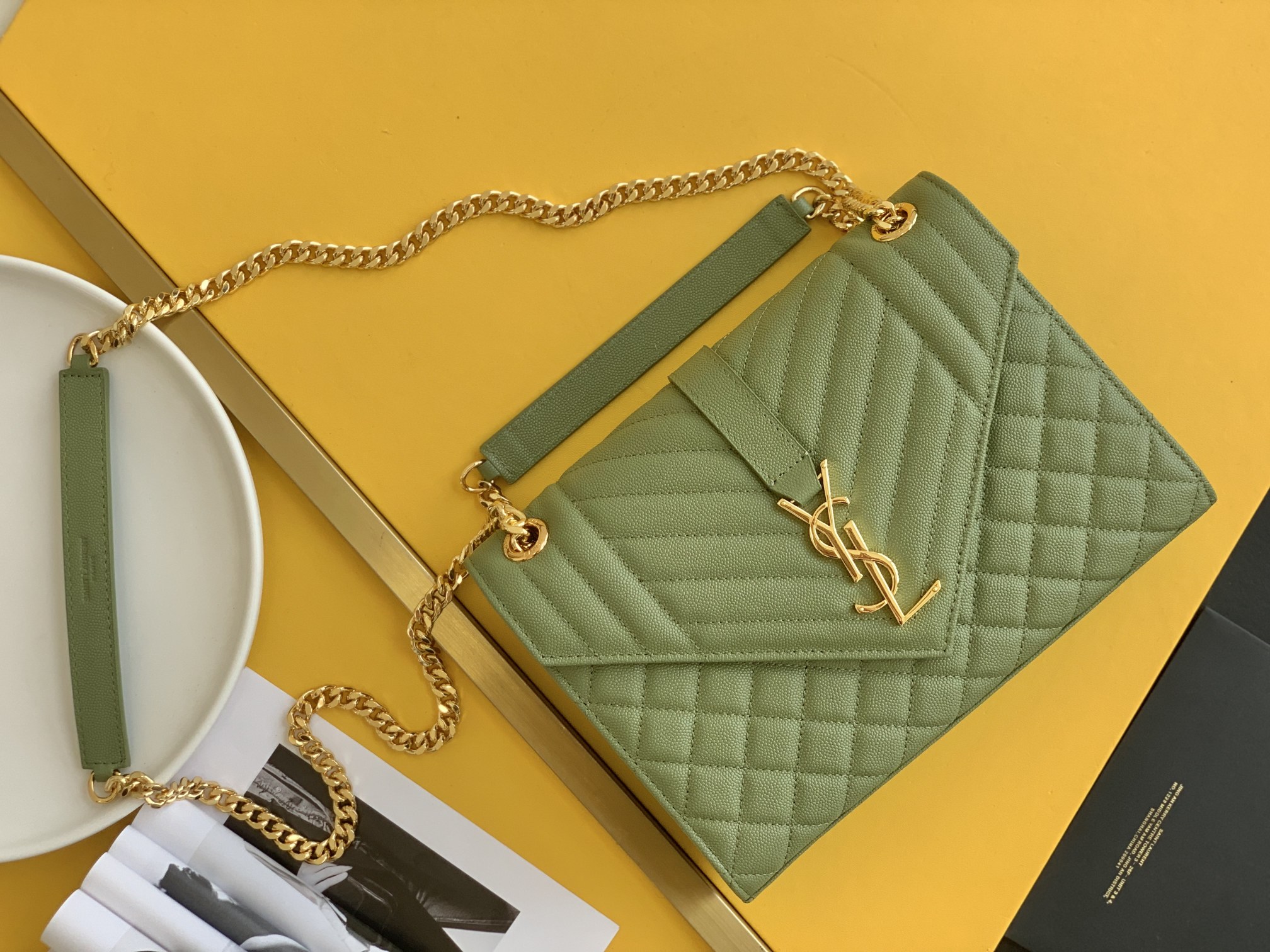 Sa1nt Lau*nt Small Monogramme Matelassé Quilted Calfskin Shoulder Bag In Light Green