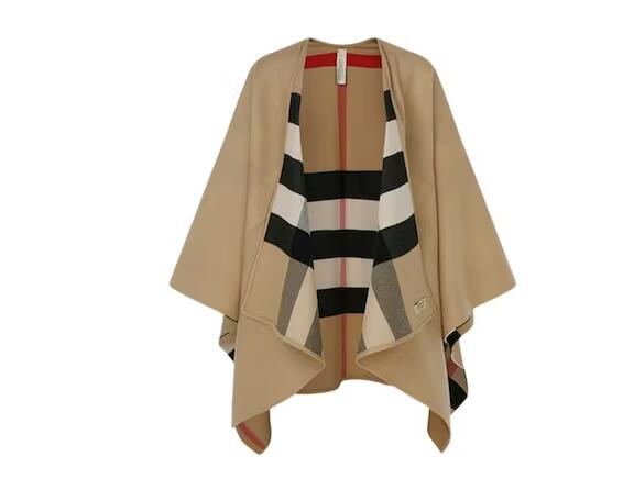Bv*b*rry Reversible Check Merino Wool Poncho Camel/Archive Beige
