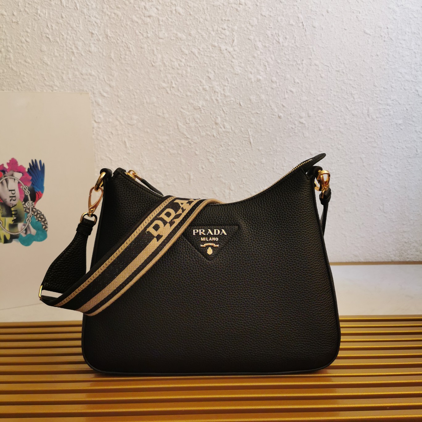 Pra*a Leather Shoulder Bag Gold-tone Black