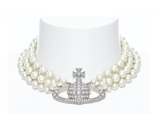 Vivienne Westwood Choker Three Row Pearl Bas Relief Silver